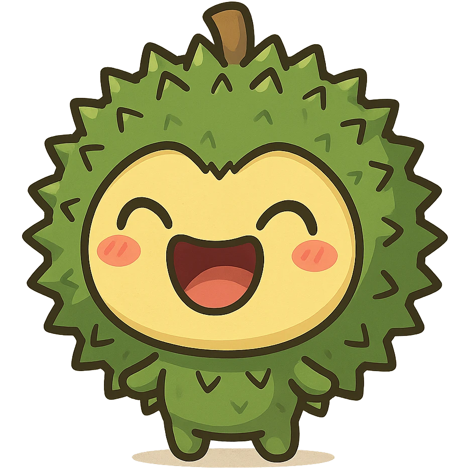 chibi style round durian character, green spiky shell, yellow flesh, laughing, eyes closed, mouth wide open, kawaii style, full-body emoji