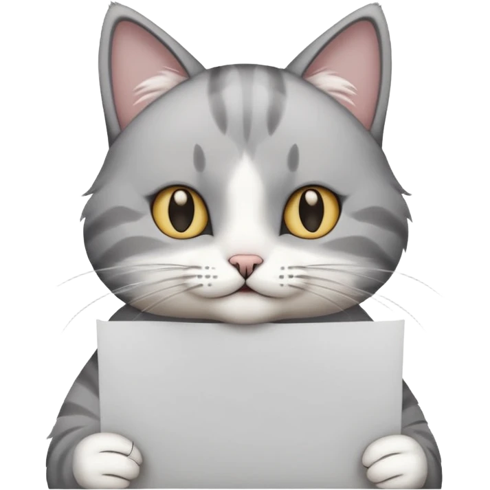 Make a cat be grey white not so fluffy just a littel bit and make the cat hold a papernthat says i like u a bit emoji