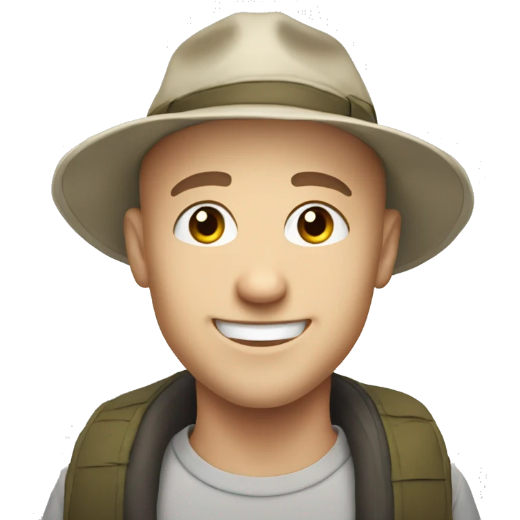 smiling white young bald man outdoors with hat emoji