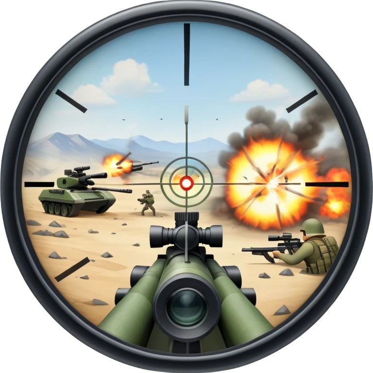 An icon symbolizing first-person shooter games. The design features a circular sniper scope view with crosshairs aimed at a distant target. The background shows a battlefield with soldiers and explosions, capturing the action-packed intensity of FPS games. Transparent background. emoji