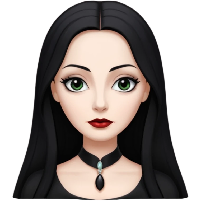 Create a realistic portrait of Morticia Addams with long black hair, elegant black dress & sharp gaze. emoji