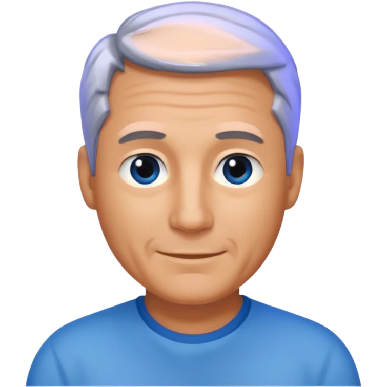Middle aged man with tanned skin, receding black to grey hair and no beard, blue eyes, shy smile emoji