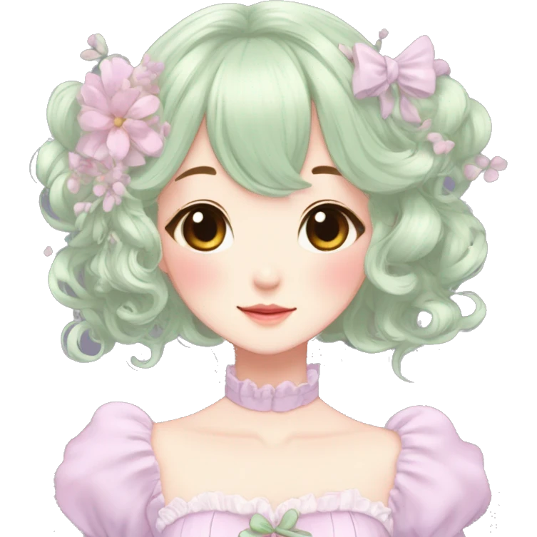 Cute kawaii gorgeous pretty anime cartoon pastel lady beautiful hair with gorgeous dress fairycore cottagecore detailed high quality trending aesthetic emoji