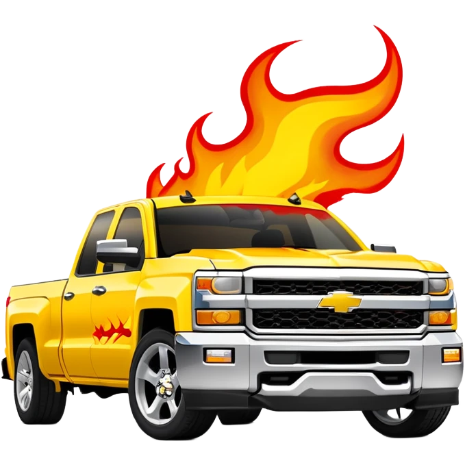 Yellow Chevrolet Silverado with custom red flame artwork specifically on the front bumper, hood remains plain yellow, authentic Kill Bill truck design, 30-degree angle, iOS emoji style emoji