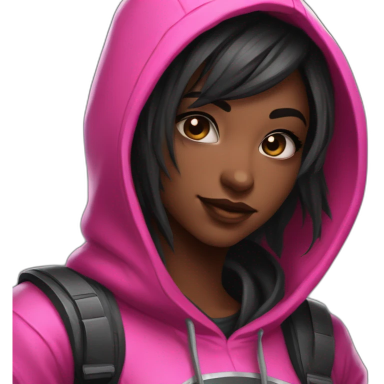 Girl developer behind his laptop withk this style : Riot Games Valorant black pink bright pink sparks character pink black hooded assassin themed character emoji