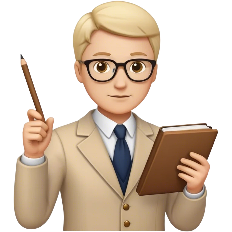 white teacher holding book with a pointing stick on the other hand pointing in iphone emoji style emoji