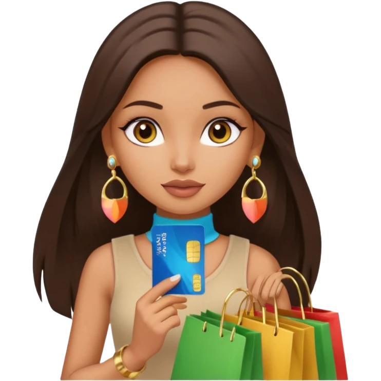 a pretty bratz fair indian girl wearing a beige sleeveless turtleneck, golden earrings, straight ling hair, holding bank cards, dark brown hair, carrying shopping bags emoji