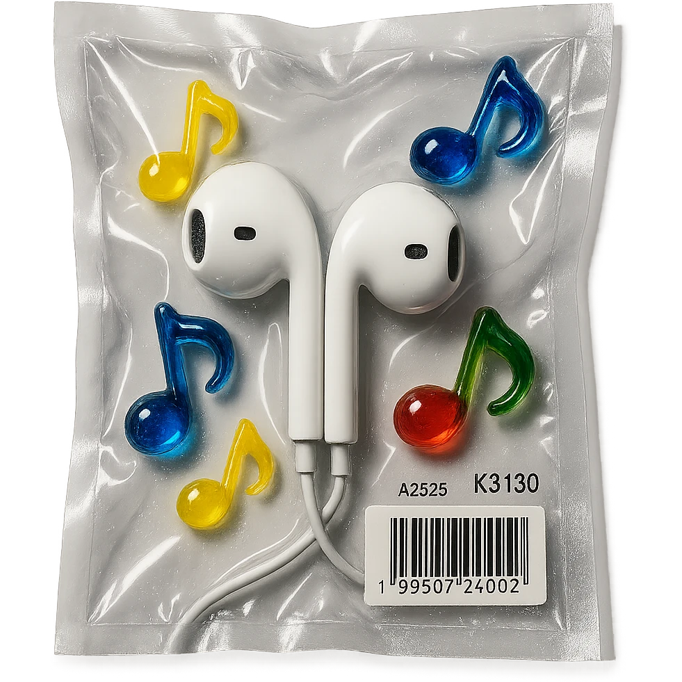white EarPods headphones surrounded by small colorful glass music notes, glossy and puffy emoji