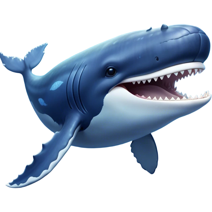 Meme-Worthy Singing Humpback Whale Portrait Emoji, Mouth open wide in a dramatic, melodious pose, showcasing a deep blue-gray body with barnacle accents and an expressive, soulful gaze, Simplified yet artistically graceful features, highly detailed, glowing with a soft, magical marine aura, high shine, enchanting and full of life, stylized with an air of deep-sea wonder, soft glowing outline, capturing the essence of a majestic humpback whale mid-song, resonating with the beauty of the ocean's ancient melodies! emoji