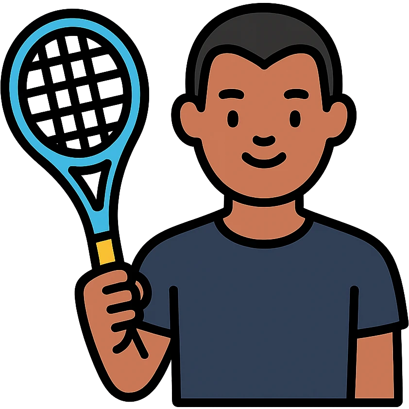 light brown skinned male tennis coach, short straight black hair with widow's peak, oval face, small eyes, smiling, holding blue Yonex tennis racket, wearing dark navy blue dry fit shirt emoji