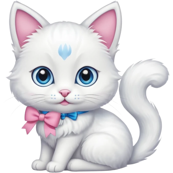 white cat sitting and she has a pink small bow on her right ear,she has blue eyes emoji