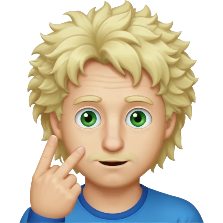 a emoji with two fingers in his nose, make him have a natural white skincolour and blonde hair, blue/green eyes, put the fingers in his nose, its a man and he needs two fingers IN his nose, make him have fluffy blonde hair, and its still not in his nose emoji