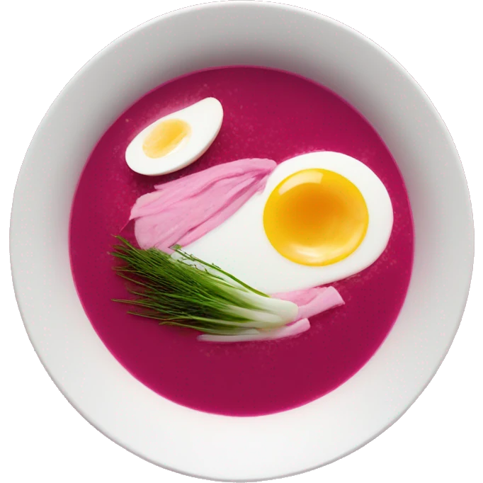 White bowl of Pink soup no face, put a hard boiled egg on top of the soup as decoration that’s cut in half, some dill, beetroot shreds  emoji