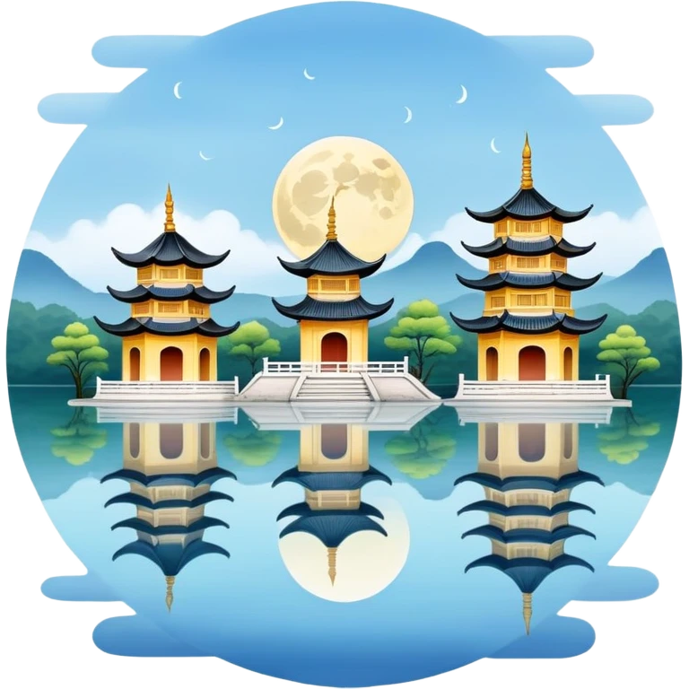 Three Pools Mirroring the Moon, West Lake Hangzhou, simplified emoji style, three small pagodas on water with moon reflection, cute cartoon style emoji