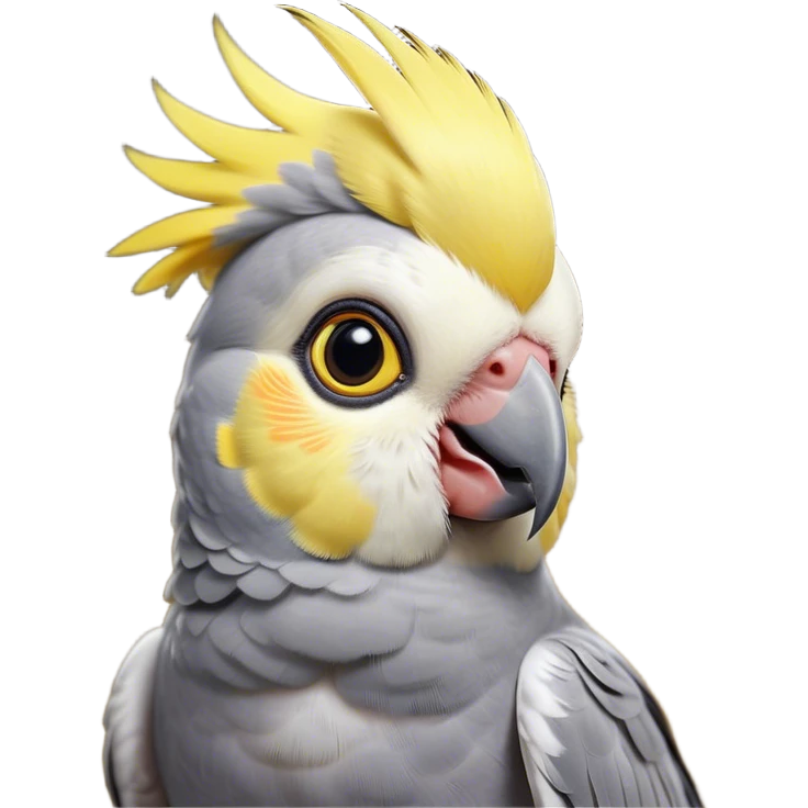 Cinematic Cute Cockatiel Portrait Emoji, Head tilted playfully and inquisitively, featuring a smooth grey fur with bright yellow accents and a perky crest, round, sparkling dark eyes filled with curiosity, Simplified yet irresistibly adorable features, highly detailed, glowing with a warm, friendly glow, high shine, affectionate and lively, stylized with a touch of whimsy, bright and endearing, soft glowing outline, capturing the essence of a mischievous yet loving cockatiel, so playful it feels like it could chirp out of the screen and into your arms! emoji