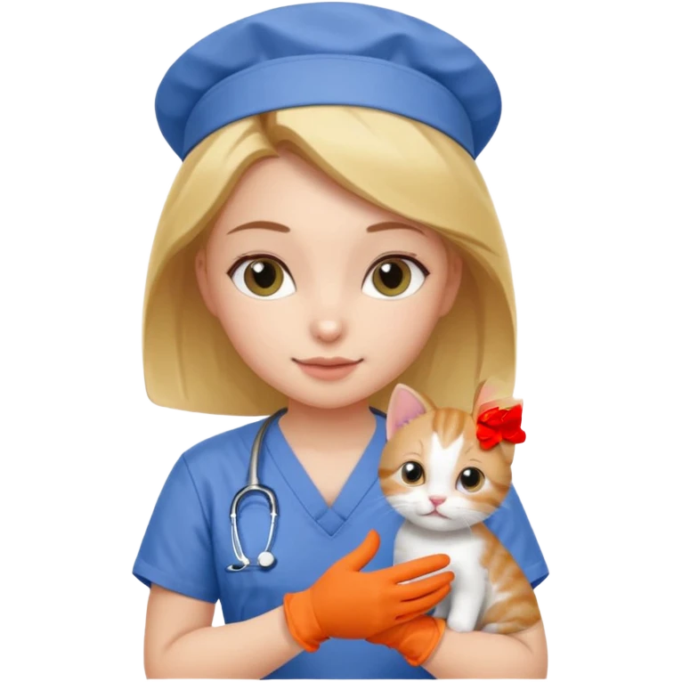 Young female vet – scrubs, gloves, examining kitten. emoji