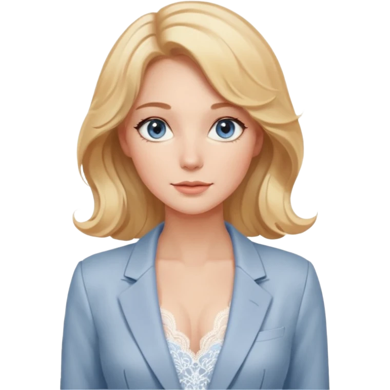 A gentle woman with fair skin, wavy honey-blonde hair, and calm gray-blue eyes. She wears blush lace lingerie and a white blazer, radiating soft confidence and warmth. emoji