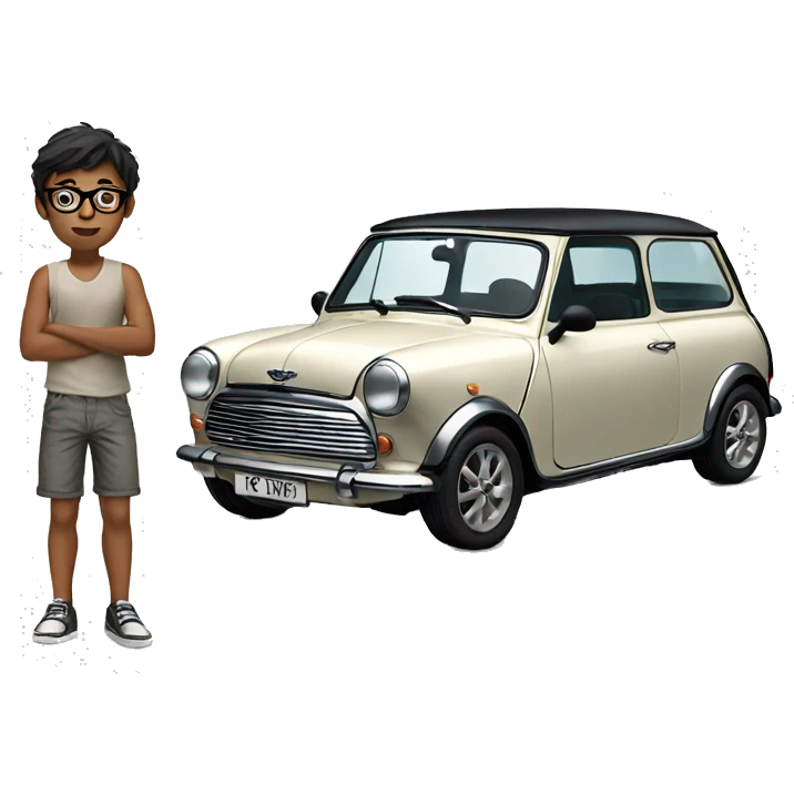 slender indian boy with glasses on shorts standing next to an old white mini cooper emoji