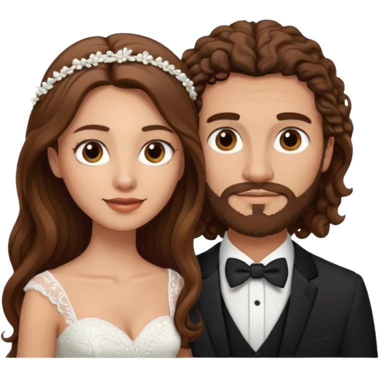 wedding couple woman with long straight brown hair and eyes man with long brown curly hair and facial hair emoji