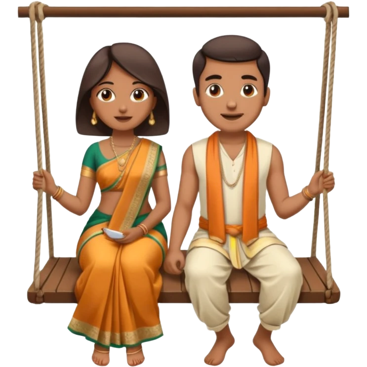 indian man and woman sitting on two seater swing. woman in saree and man in dhoti emoji