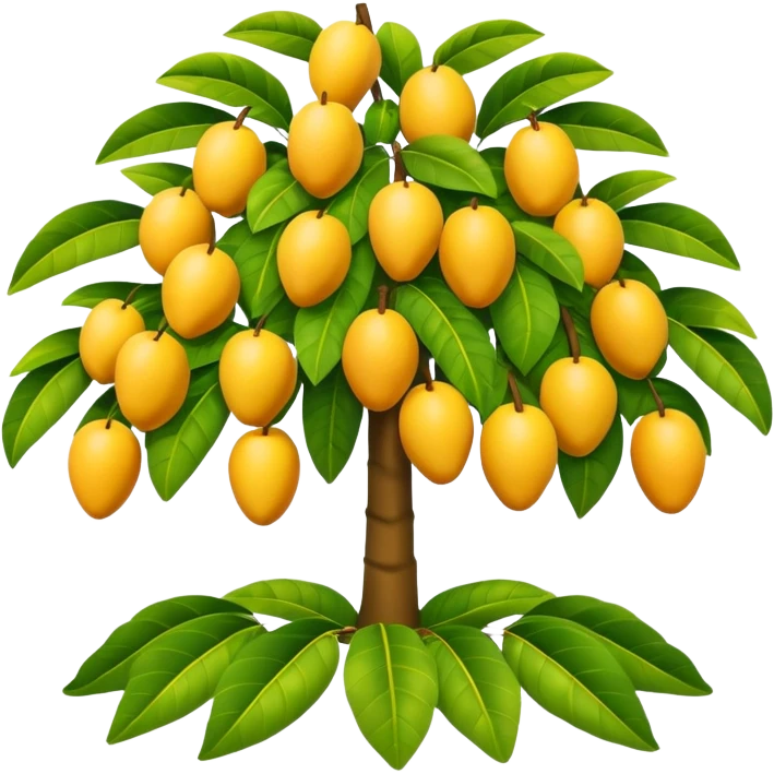 A 3D cartoon mango tree with golden-yellow mangoes visible among dense leaves, sunny atmosphere, Memoji-style rendering. emoji
