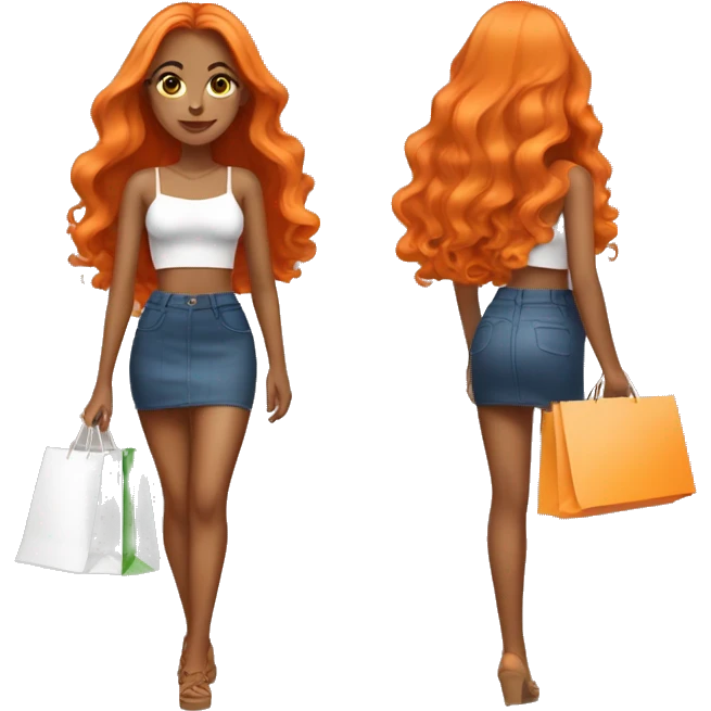 Tan girl with long orange hair wearing a mini skirt and crop top outfit holding shopping bags emoji