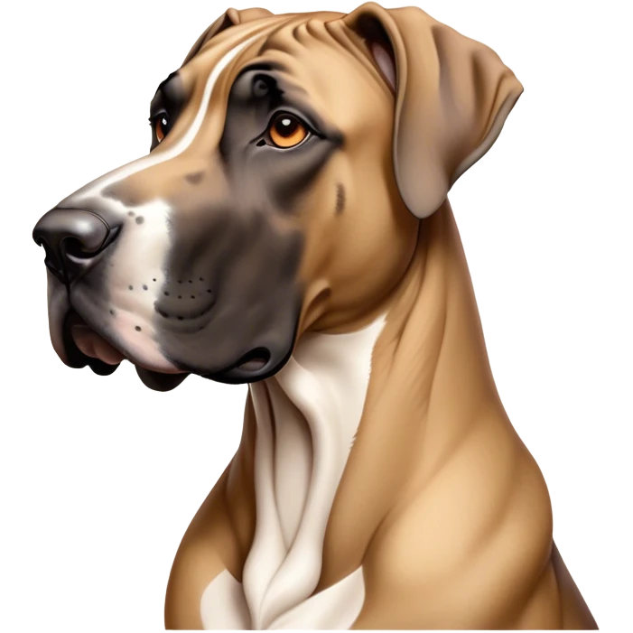 Cinematic Noble Fawn Great Dane Portrait Emoji, Poised and regal, with a towering, muscular build and a sleek, well-groomed solid fawn Fur accented by subtle dark markings, deep-set soulful amber eyes, Simplified yet sharp and sophisticated features, highly detailed, glowing with a soft, dignified glow, high shine, intelligent and gentle, stylized with an air of majesty, focused and attentive, soft glowing outline, capturing the essence of a watchful and confident guardian, so majestic it feels as though it could stride out of the screen with effortless authority! emoji