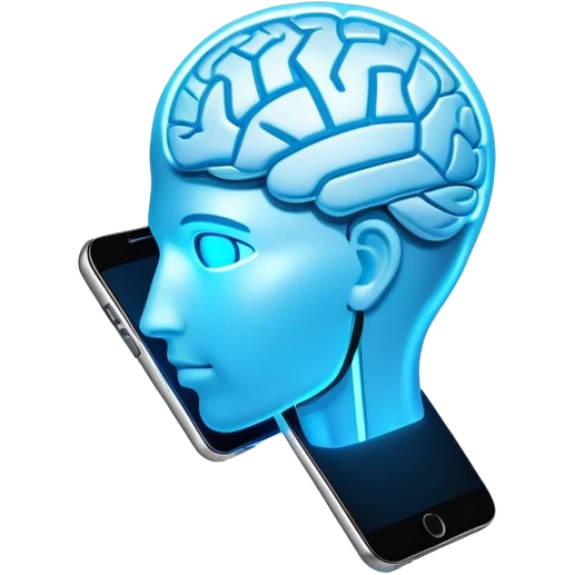 Futuristic smartphone connecting to human brain, AI-powered telepathic communication, glowing with advanced technology emoji