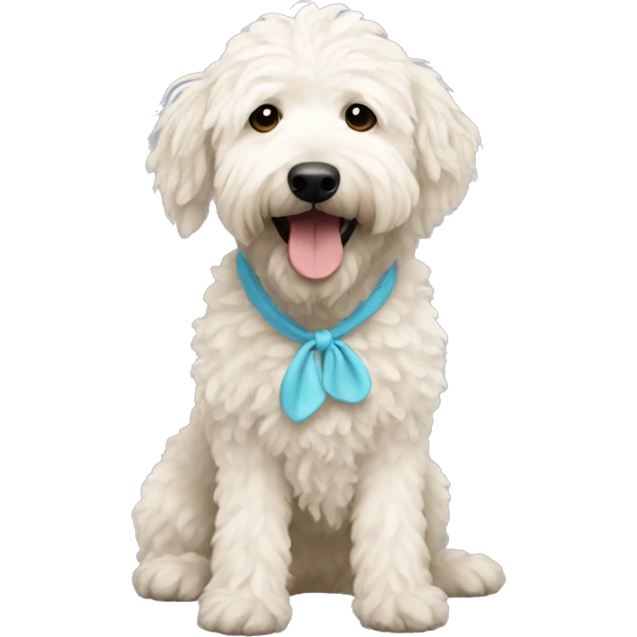 White mini golden doodle with scrunchie  emoji