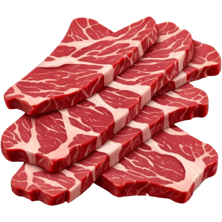 cluster of thin raw beef strips, deep red, visible muscle grain, slightly glossy, irregular but clean shapes, some marbling or edge fat, soft lighting, subtle shadows, no plate or pan, no faces, transparent background, emoji scale emoji