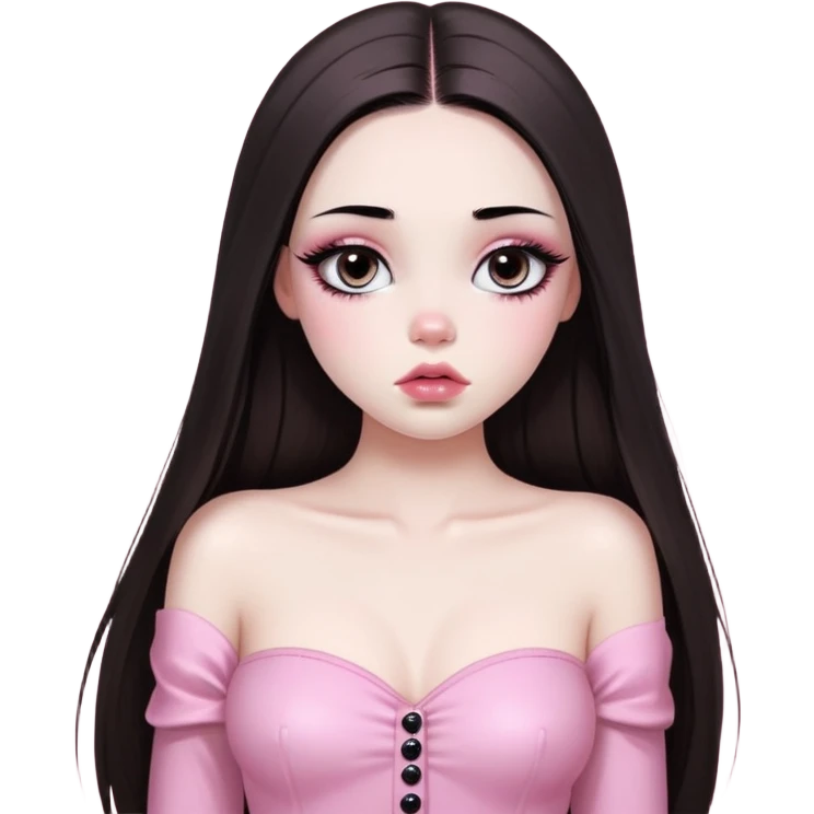 girl with white skin, dark brown long realistic straight hair with middle part prominently falling in front of her body over her shoulders, very big pouty extremely glossy ultra-shiny lips with absolutely no cupid's bow, big round eyes with very black shiny eyeballs and huge eyelashes, no eyeshadow, pink blush on cheeks, lighter button nose, extremely long oval-shaped face, wearing a pink off-shoulder top, looking directly at camera with hands down at sides emoji