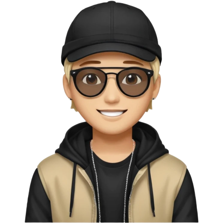 Portrait of a male K-pop idol, wearing a stylish streetwear outfit with layered clothing, makeup, wearing a black cap, happy, sunglasses emoji
