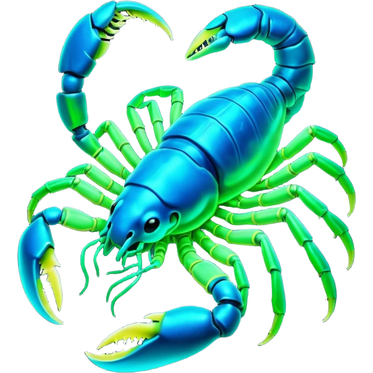 3D render of Radioactive Scorpion, bioluminescent deep sea style, glowing neon blue and green lights, dark background to contrast the glow, translucent organic textures. emoji