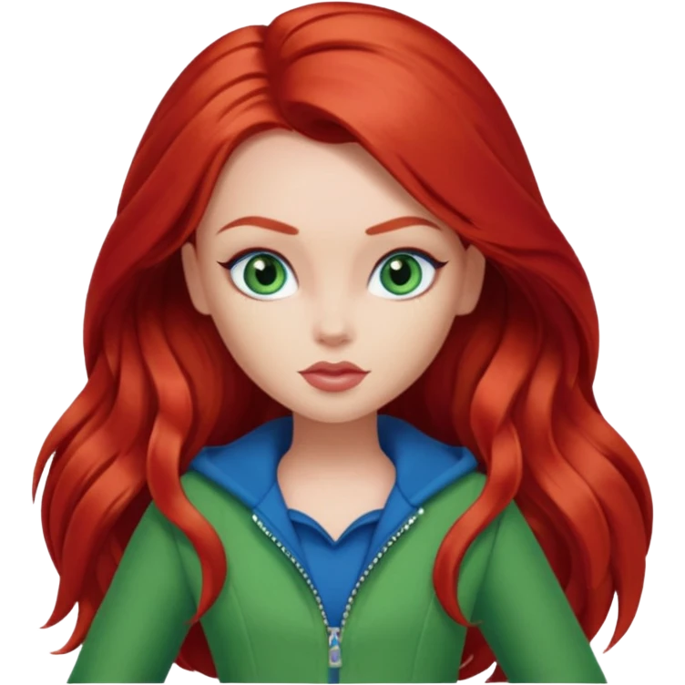 Bratz Meygan red long hair blue eyes, green outfit emoji