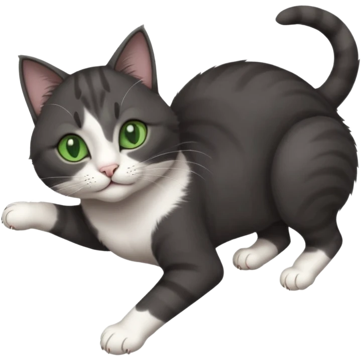 beautiful female solid dark grey cat with green eyes, white toes/paws and white patch on her chest playfully rolling upside down emoji
