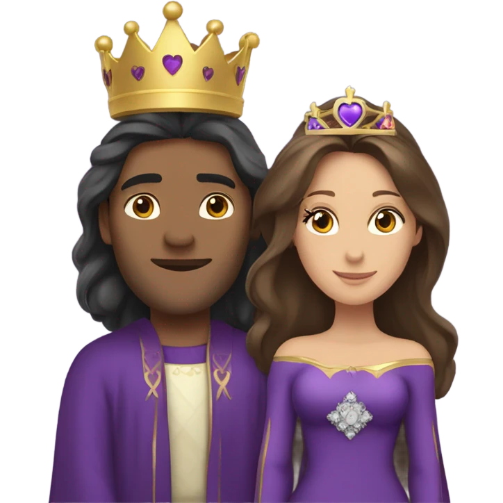 Caucasian long brunette with woman wearing formal royal purple robes and a crown whose face shows hearts to the man she adores  emoji