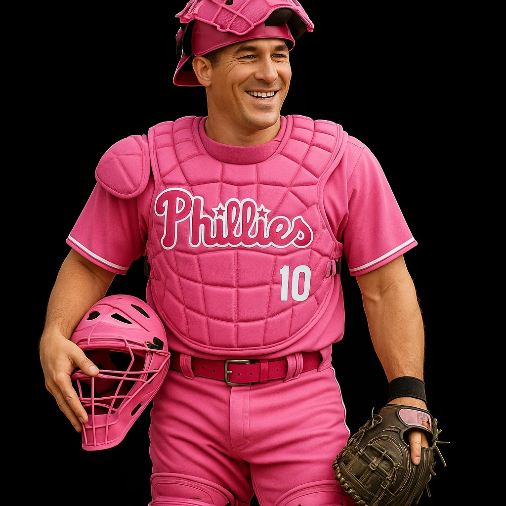 Add realistic catcher's gear to J.T. Realmuto wearing the all pink baseball uniform, maintaining the Mother's Day theme with realistic details. Keep the look consistent with the original image. emoji