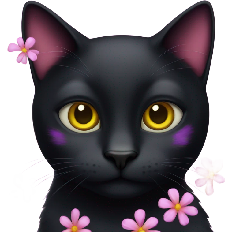 Black cat yellow eyes with pink and purple flowers  emoji