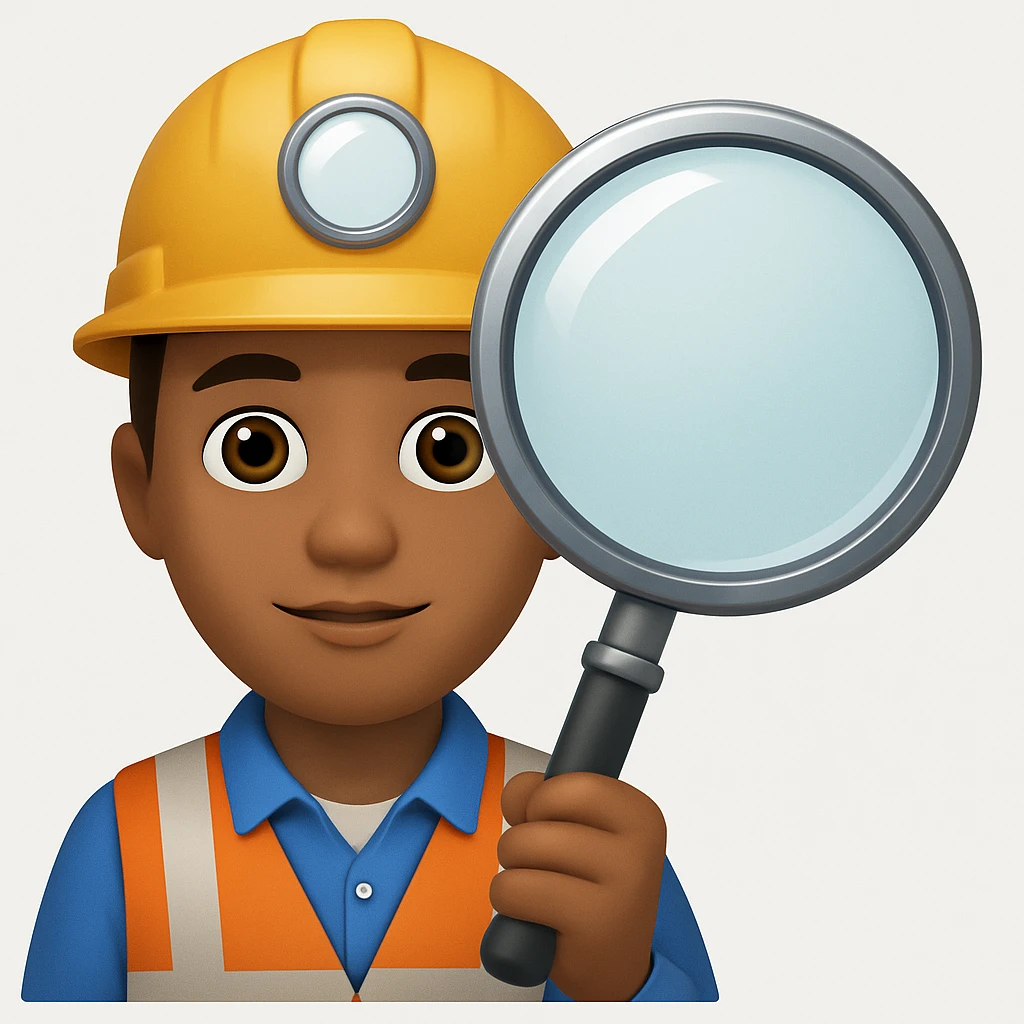 Make the magnifying glass much bigger while keeping the railway worker and overall emoji style the same as in the reference image. emoji