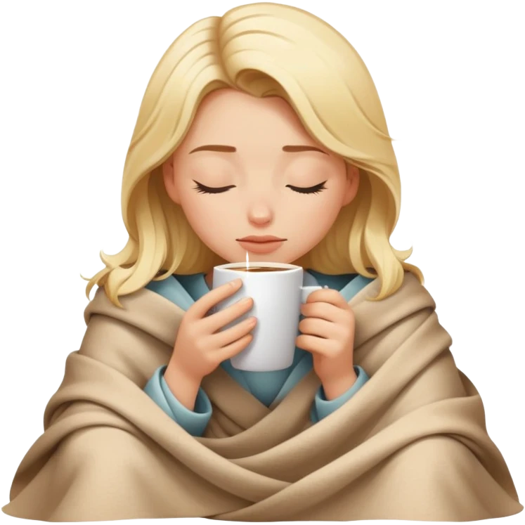 girl inside a blanket sipping coffee eyes closed blonde emoji