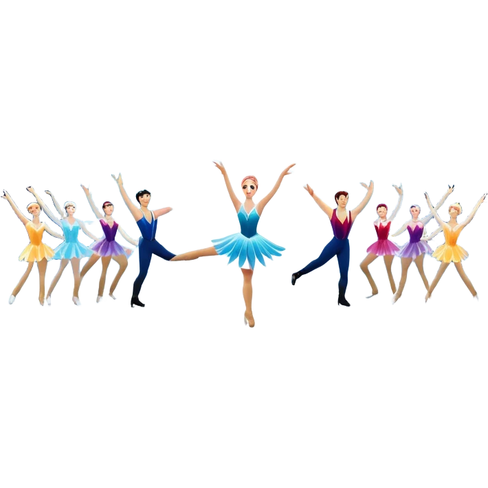 An icon of a theatrical ice show with close-up costumed figure skaters performing a dramatic scene on a glowing ice stage. Spotlights, colorful scenery, and a cheering audience in a grand arena convey the magic and artistry of the ice performance. Transparent background included. emoji