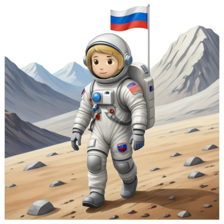Cosmonaut walking on a planet surface, wearing a spacesuit with Russian flag, light hair and light skin visible through helmet emoji
