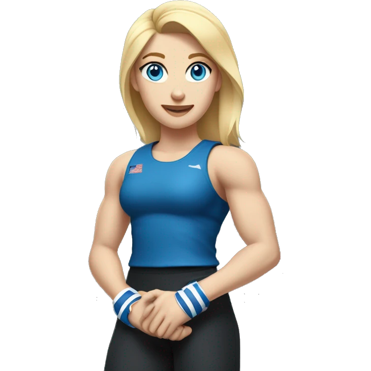 Close up Actively gesturing  with hands Pale skinned Fit woman With the biceps and blonde hair in dark gray Sleeveless Mike, black sports shorts, watch and white Sneakers and Blue Eyes  emoji