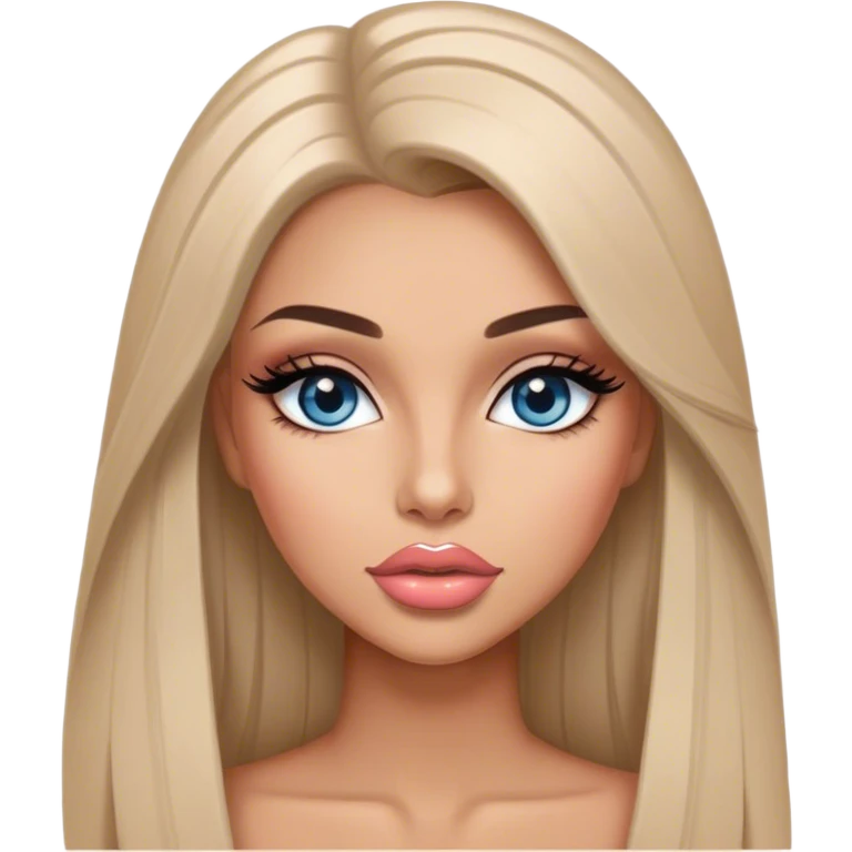 Glamours, tanned, very beautiful girl, with big pump peach-beige-rose lips, long long lashes, black straight smooth silky long hair, straight parting hair, blue-grey eyes emoji