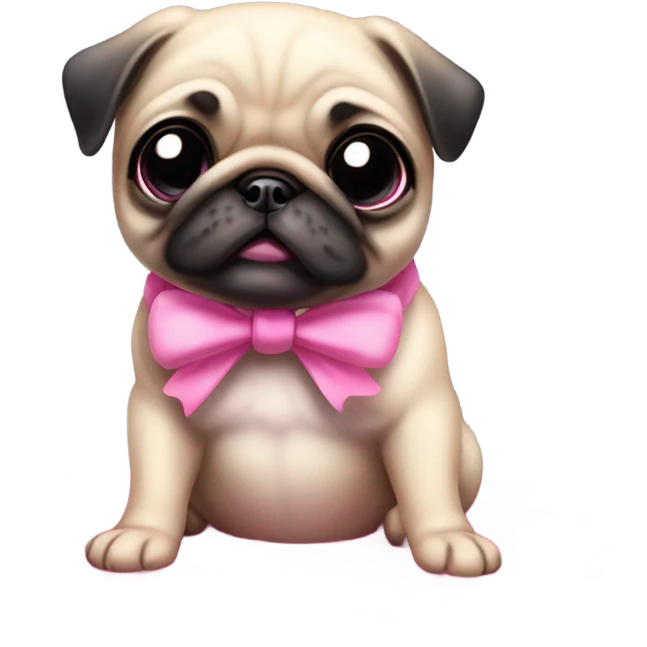 Baby pug with big pink
eyes wearing a pink bow above 1 ear sitting in a puddle  emoji