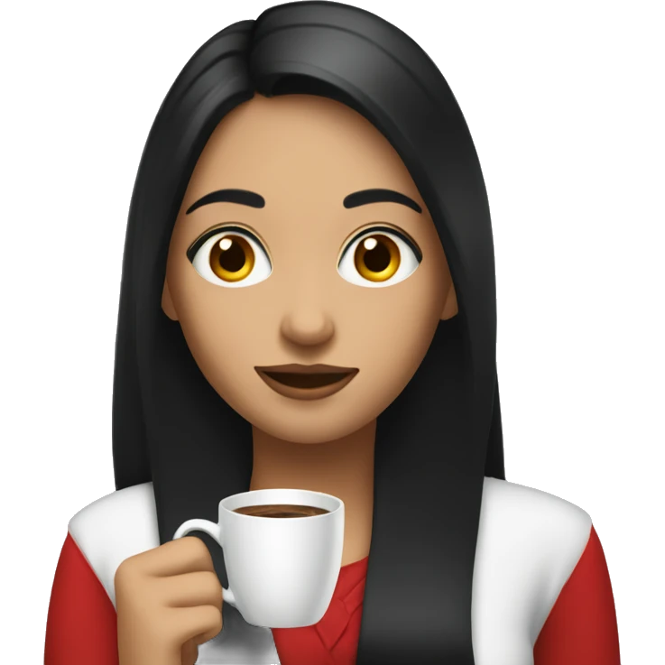light girl with black hair holding cup of coffee wearing red blouse  emoji