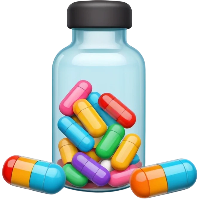 pills in bottle, 3d cartoon style, memoji style. emoji