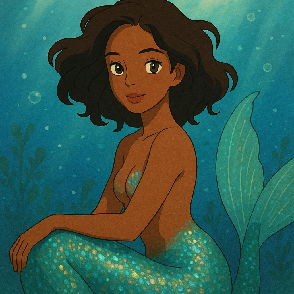 close-up of a mermaid with brown skin, sparkling iridescent scales, dreamy underwater background, ghibli style emoji