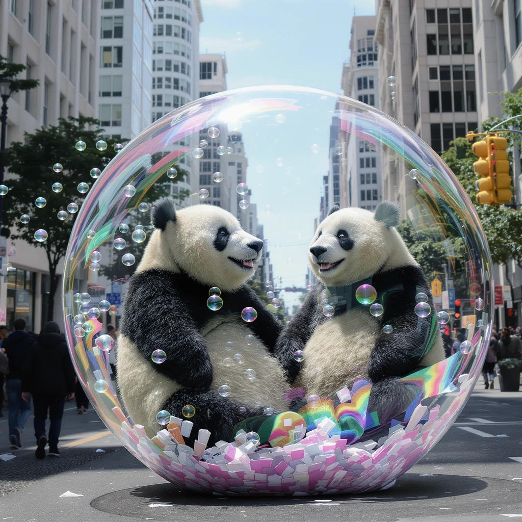 Cinematic still pandas bears sitting inside bubbles flying around San Francisco downtown, sunny summer day, happy vibe emoji