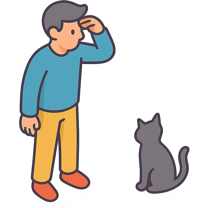 мужчина стоит и ищет, рядом силуэт пропавшей кошки emoji